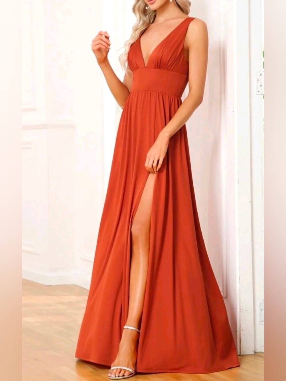 New Luxe Deep V Split Leg Maxi Dress Flowy Rust Orange - Picture 2 of 9